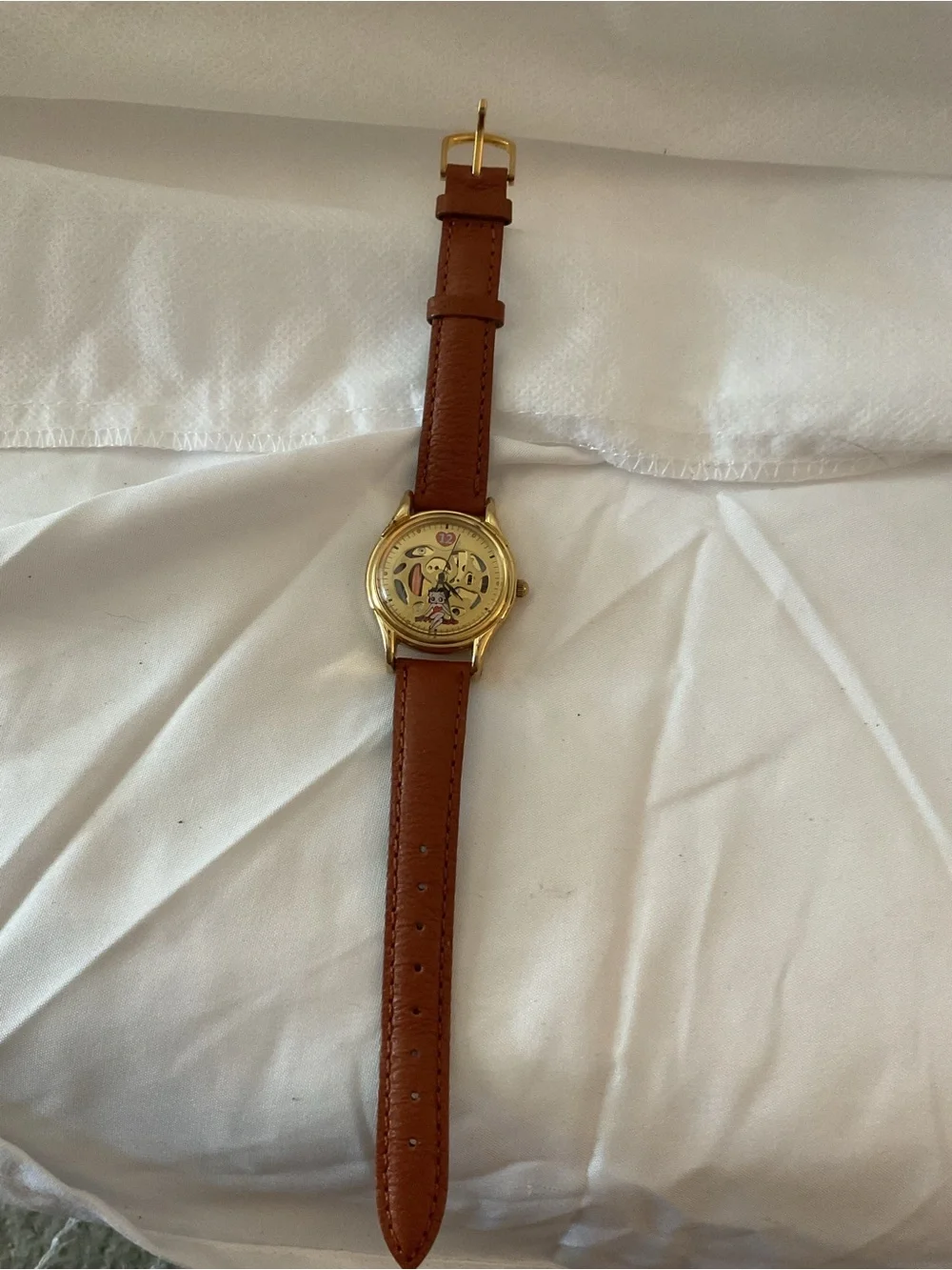 Betty Boop Gold Tone Mechanical Watch with Brown Leather Strap Never Used